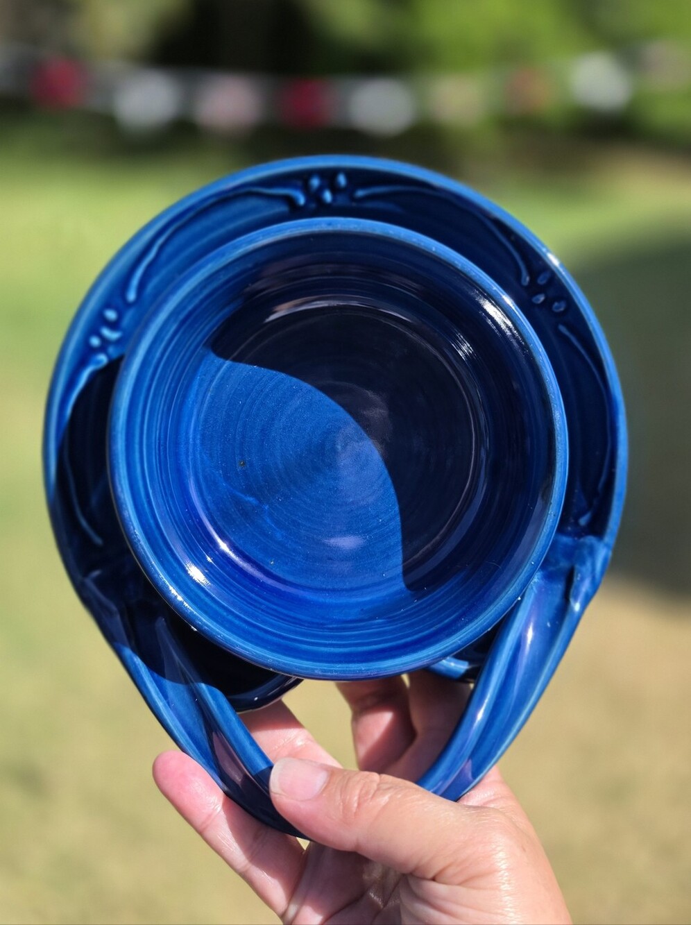 VTG Signed Studio Pottery Cobalt Blue Hand-Handled Condiment Server Basket